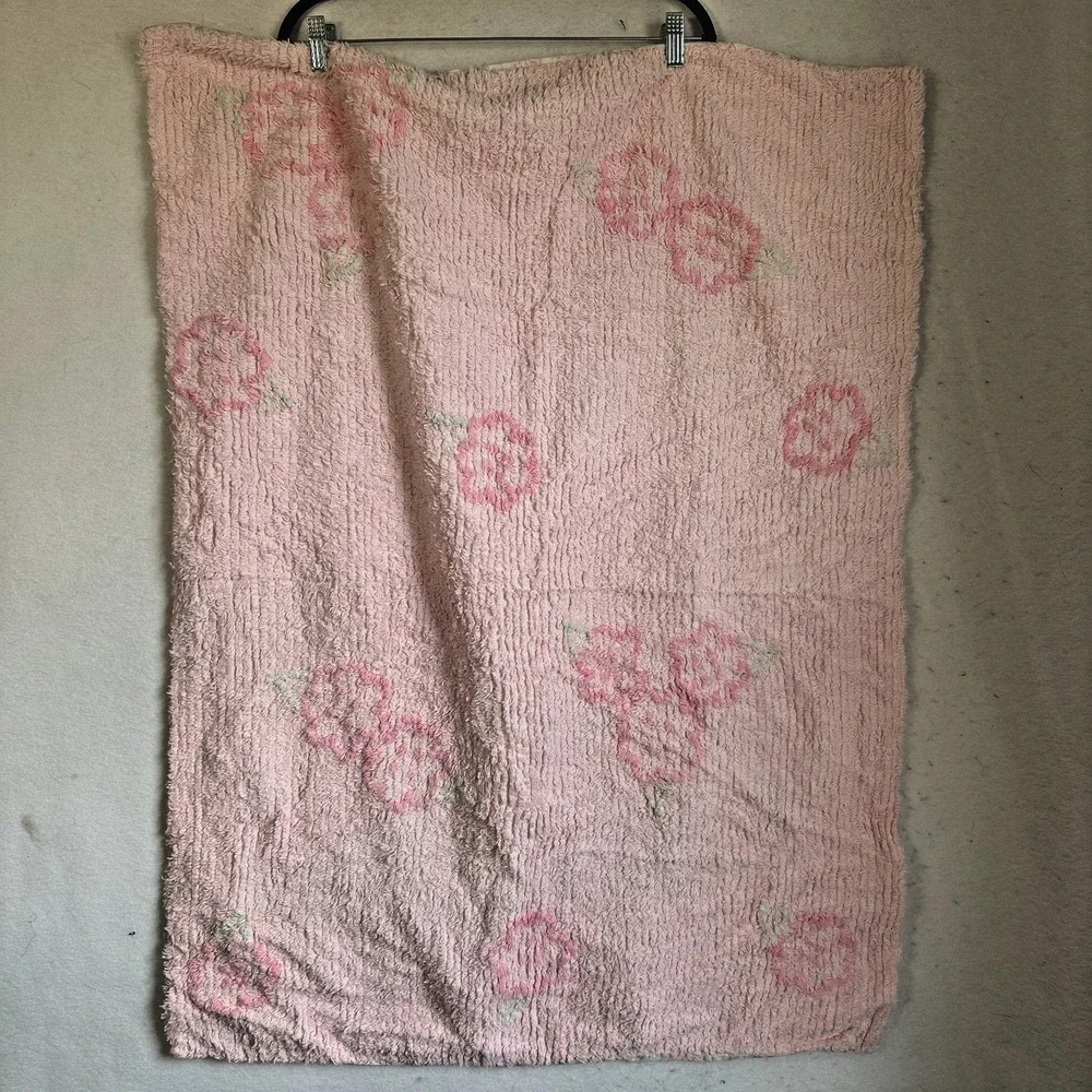 Amy Coe Limited Edition Pink Chenille Floral Baby Blanket 100% Cotton 30x42